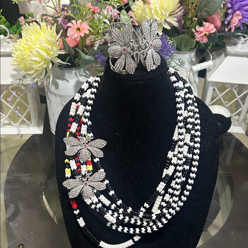 Sassy Jones Black and White Butterfly Necklace Set with Red Accents